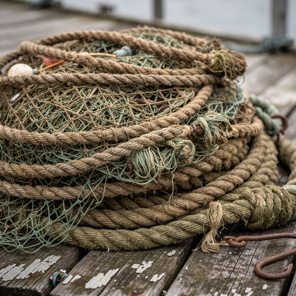 Close-up of fishing nets and rope at a harbor dock