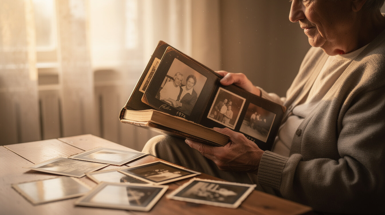 elderly person looking at old photos